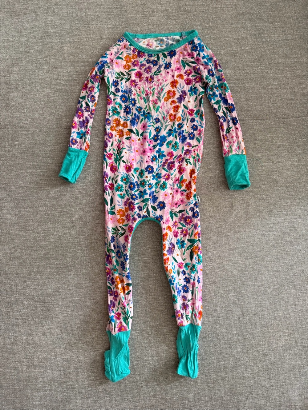 Little Sleepies Sweet Pea Floral Crescent Zippy One-Piece Pajamas - Teal Trim